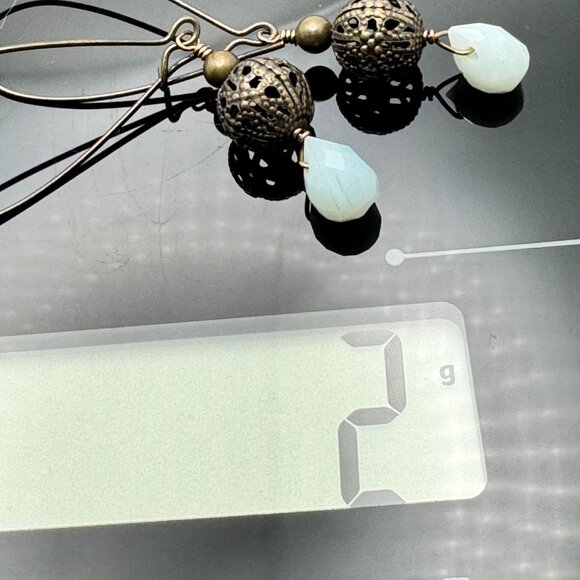Handcrafted Bronze Filigree Opaque Aqua Teardrop Earrings Long Ear Wires - Picture 5 of 8